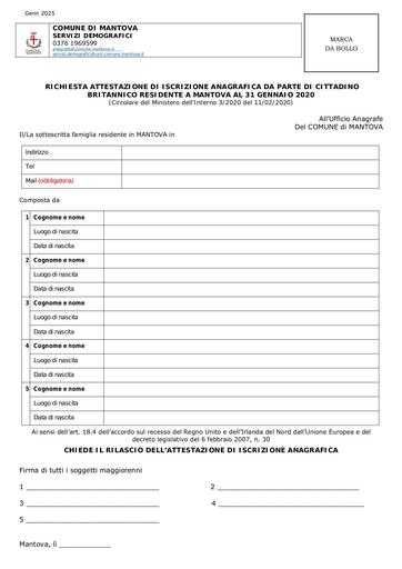 Richiesta attestazione di iscrizione anagrafica da parte di cittadini britannici