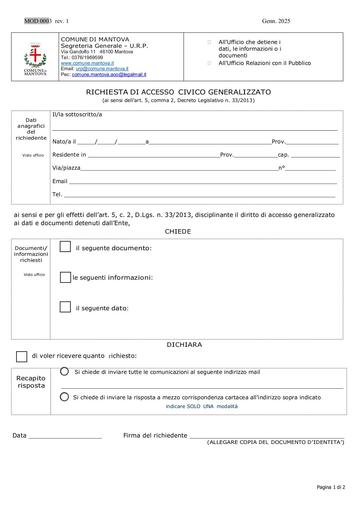 Modulo accesso civico generalizzato