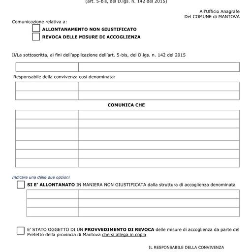 Comunicazione allontanamento non giustificato o revoca misure di accoglienza dei richiedenti protezione internazionale