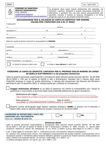Richiesta carta d'identità cartacea (per minori residenti all'estero   A I R E )