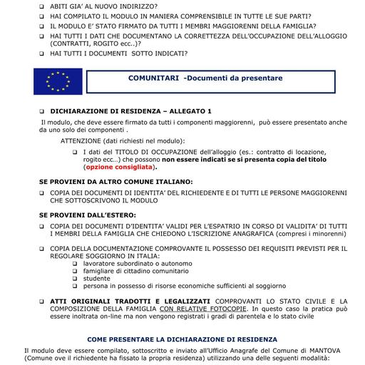 Dichiarazione di cambio di residenza  - Cittadini Comunitari