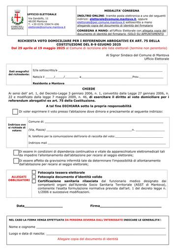 Richiesta voto domiciliare per i referendum abrogativi ex art. 75 della costituzione del 8-9 giugno 2025