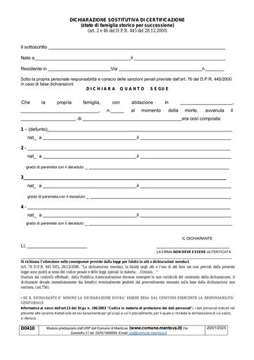 Stato di famiglia alla data del decesso di un componente