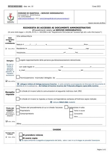 Richiesta accesso atti per pratiche Servizi Demografici (anagrafe, stato civile etc)