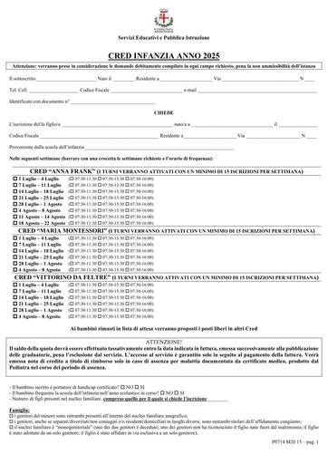 Modulo iscrizioni Cred Infanzia - Fuori termine