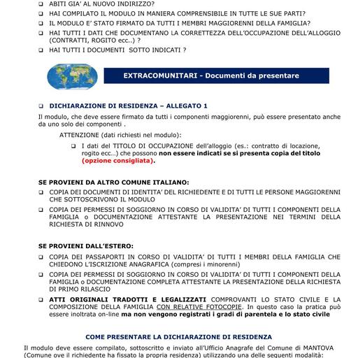 Dichiarazione di cambio di residenza  - Cittadini Extracomunitari