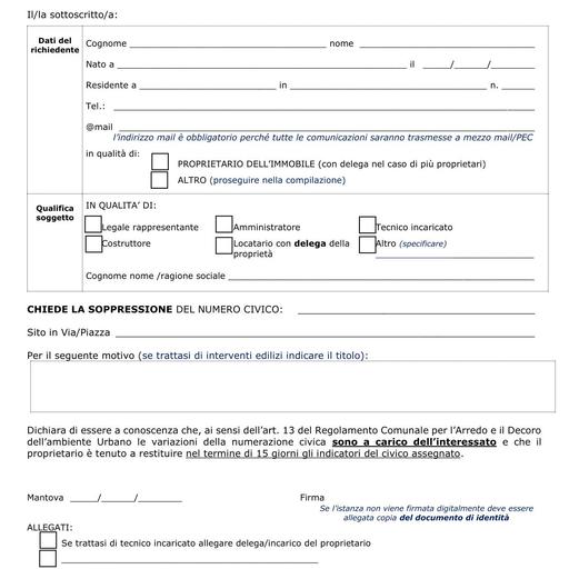 Richiesta soppressione numero civico