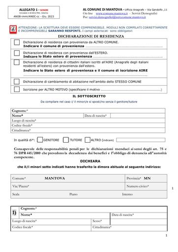 Dichiarazione di cambio residenza per i minori che si spostano senza i genitori